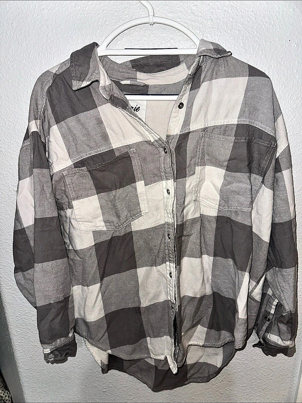 Aerie Anytime Fave Flannel Oversized Shirt Gray & White Small